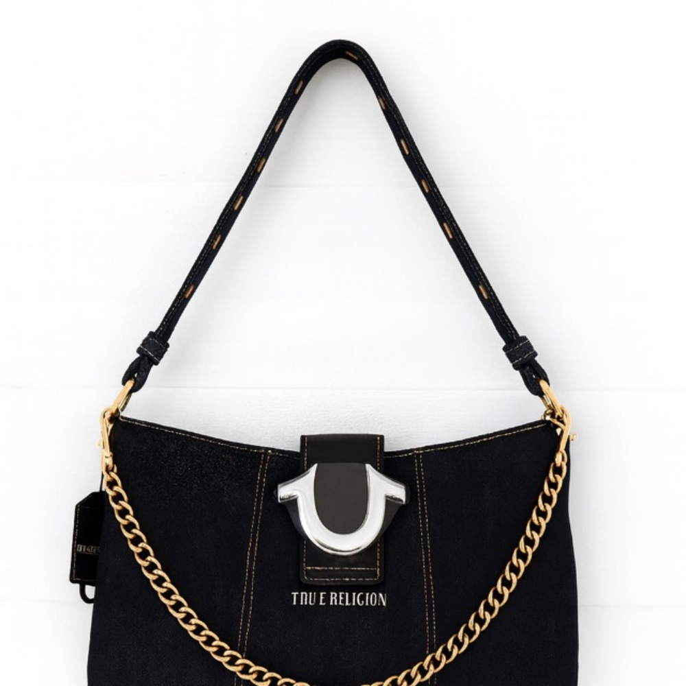 True Religion Black Shoulder Bag with Gold Chain